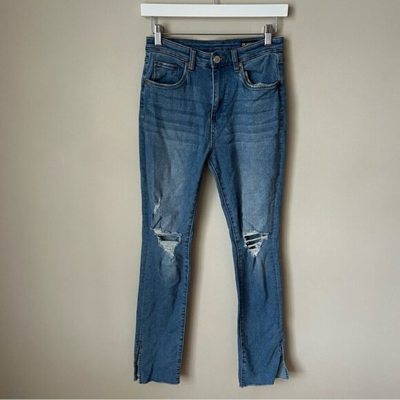 Blank NYC The Lexington Slim Straight Blue Flared Distressed Split Hem Jeans 26” - Picture 2 of 8